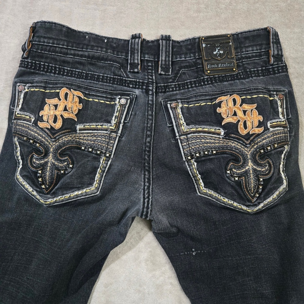 Rock Revival Baran Jeans Mens 38  Distressed Y2K Grunge Heavy Stitch Streetwear